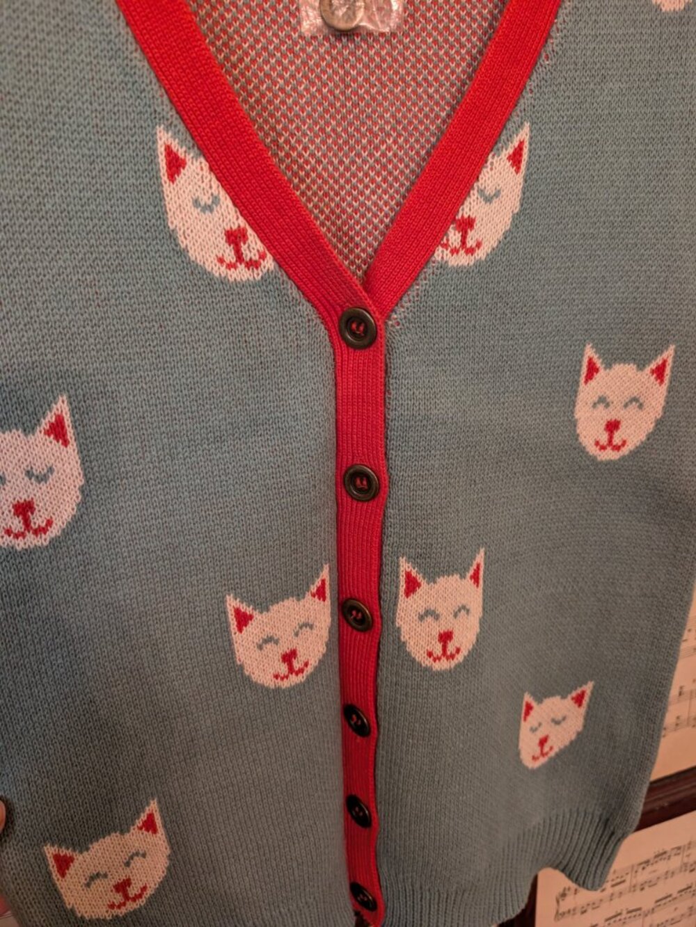 Modcloth Teal Cat-Print Short Sleeve Cardigan with Coral Trim - Picture 4 of 4